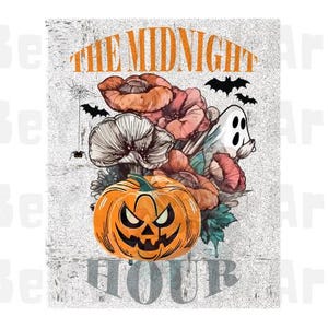 Het middernachtuur png, halloween sublimatie ontwerp, vleermuizen png, halloween geest png, pompoen, spookachtige bloemen, trendy png, horror gothic png