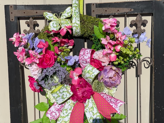 Spring Moss Wreath, Elegant Wreath, Wreath with Designer Ribbon, Moss Wreath, Toile Wreath, D Stephens Designer Ribbon Wreath, Easter Wreath