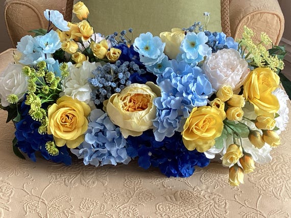 Artificial floral arrangement, Spring floral arrangement, Blue and Yellow Centerpiece, Floral Centerpiece, Summer floral arrangement