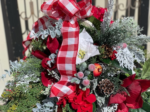 Winter Lantern Centerpiece: Poinsettias, Red Hydrangeas, & Berries