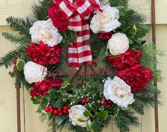 Christmas Wreath with Frosted Peony, Christmas Wreath, Holiday Wreath with Hydrangea, Winter Wreath, Best Seller, Christmas Decor, Christmas