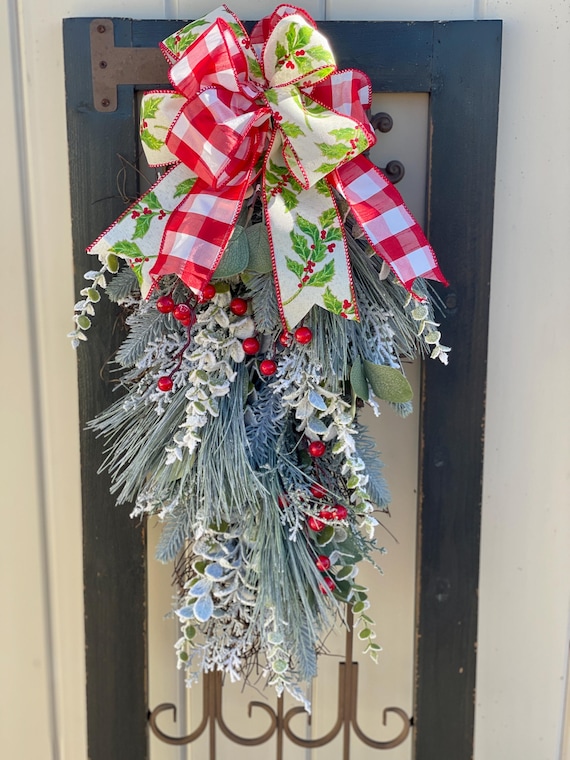 Winter Swag for Front Door: Frosted Evergreens, Red Berries & Holly Bow