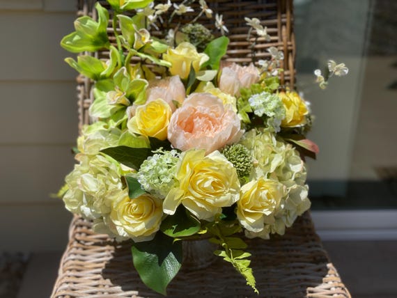 Elegant green and yellow floral arrangement, Green and yellow orchid centerpiece, Centerpiece for table, Artificial floral arrangement