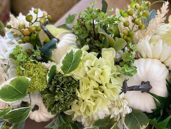 Large Fall Centerpiece: White Pumpkins, Hydrangeas & Wicker Basket, Green and White Fall Arrangement, Fall Centerpiece, Centerpiece for Fall