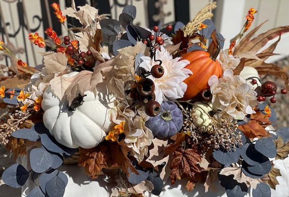 Fall Table Centerpiece, Cream, Blue & Orange Pumpkins in Wicker Basket