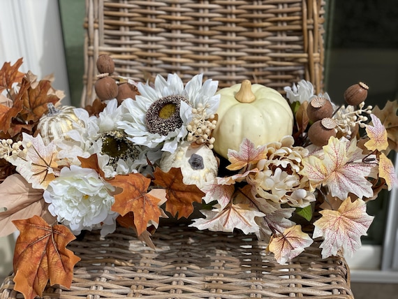 Fall floral arrangement with with white pumpkins, natural fall centerpiece, sunflower centerpiece with pumpkins, fall farmhouse centerpiece