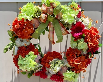 Fall Wreath for Door, Pumpkin and Hydrangea Fall Wreath, Fall Wreath with Bow, Pumpkin Wreath, Autumn Wreath, hydrangea Fall Wreath