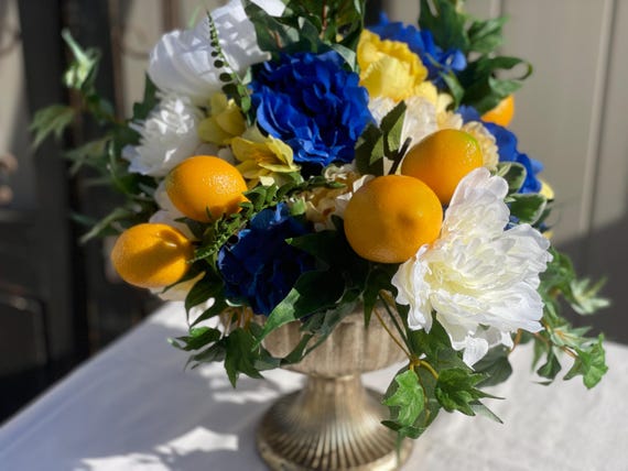 Spring Centerpiece for Table, Lemon Centerpiece, Blue and Yellow Centerpiece, Spring Arrangement, Centerpiece for Table, Lemon Arrangement