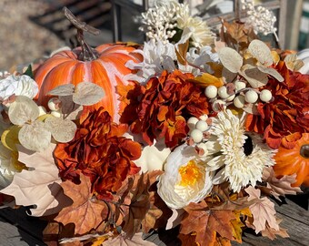 Large Fall Table Centerpiece: Sunflowers, Pumpkins, Galvanized Container