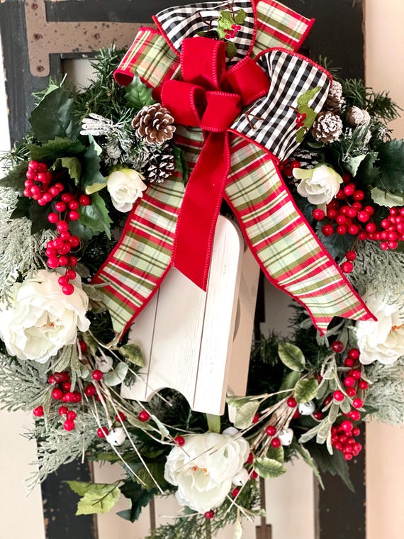 Winter Wreath for Front Door, Christmas Wreath for Door, Holiday Wreath for Front Door, Front Door Wreath, Sleigh Wreath, Evergreen Wreath
