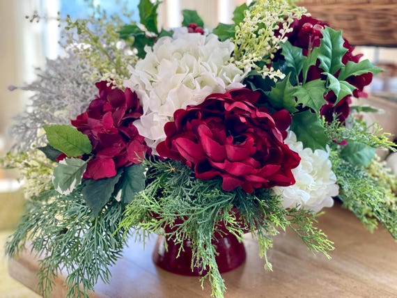 Red & White Hydrangea Winter Table Centerpiece