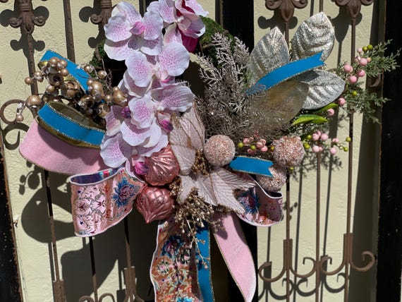 Elegant Christmas Double Door Wreath: Pink Velvet Orchid Winter Decor