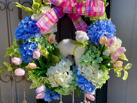 Hydrangea Tulip Easter Wreath with Lamb, Spring Door Decor, Easter Wreath for Door, Tulip Wreath, Spring Wreath for Door, Hydrangea Wreath