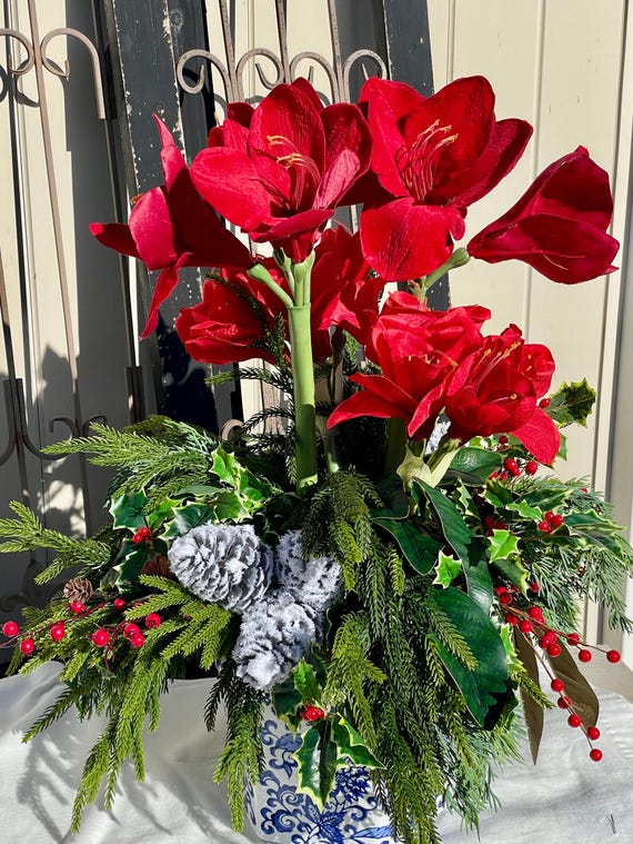 Amaryllis Winter Centerpiece, Chinoiserie Floral Arrangement