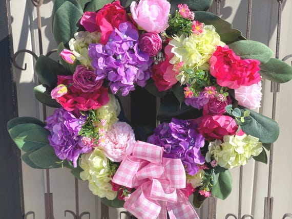 Magnolia Hydrangea Wreath, Purple Fuchsia Floral Door Wreath, 23", Hydrangea Wreath, Front Door Wreath, Spring Wreath
