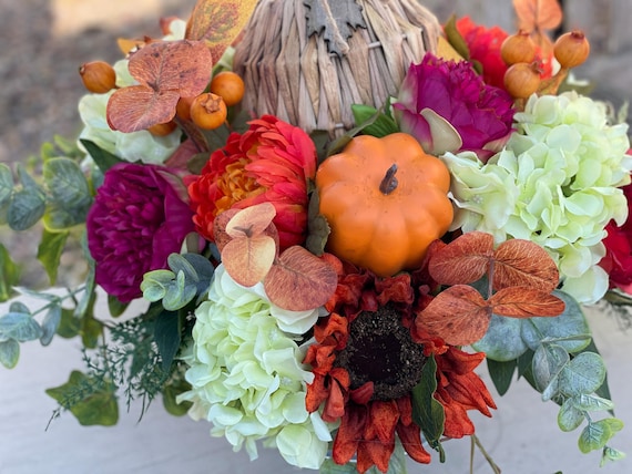 Fall Floral Centerpiece: Wicker Pumpkin, Hydrangeas, and Peonies