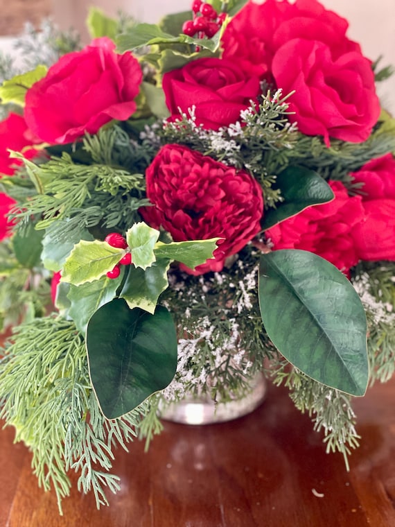 Red Rose Winter Centerpiece: Holly, Magnolia & Evergreen Arrangement