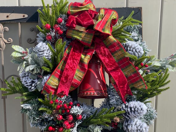 Flocked Winter Wreath: Pinecones, Berries, Red Bell, Designer Bow