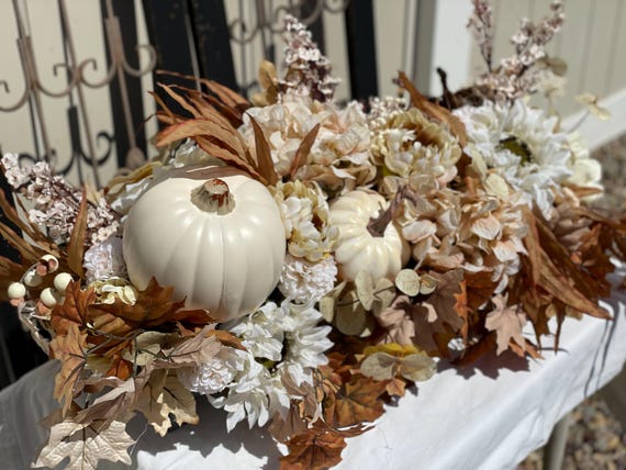 XL Fall Floral Centerpiece: Cream Pumpkins & Sunflowers in Galvanized Container