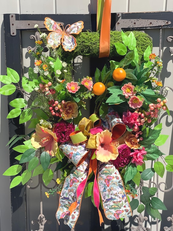 Everyday Wreath, Spring Wreath, Front Door Wreath, Moss Wreath with Flowers, Wreath with Designer Ribbon, Peony Wreath, Summer Wreath