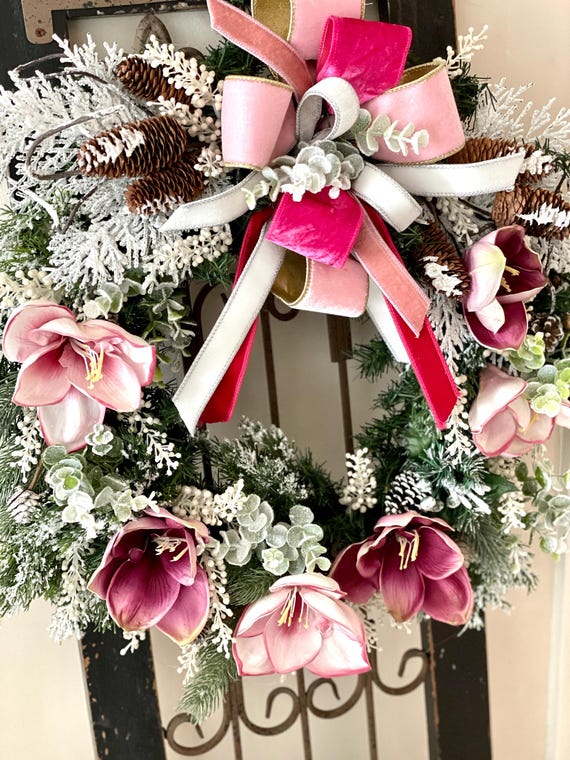 Winter Wreath for Front Door, Christmas Wreath for Door, Holiday Wreath, Elegant Wreath for Door, Christmas Wreath with Bow, Pink Wreath