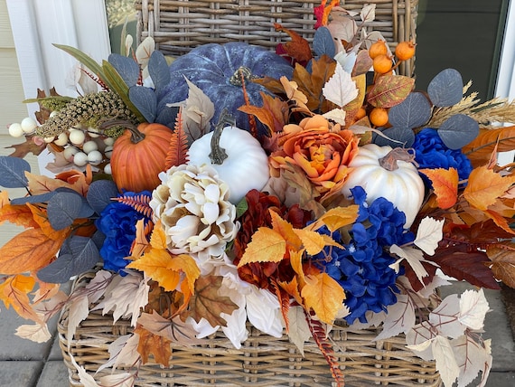 XL Fall  blue and orange pumpkin floral arrangement. Large Fall Centerpiece, Blue Pumpkin floral arrangement, Large blue Pumpkin Centerpiece