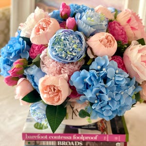 Pink and blue peony arrangement, pink and blue floral arrangement, peony centerpiece, luxurious artificial centerpiece, elegant centerpiece