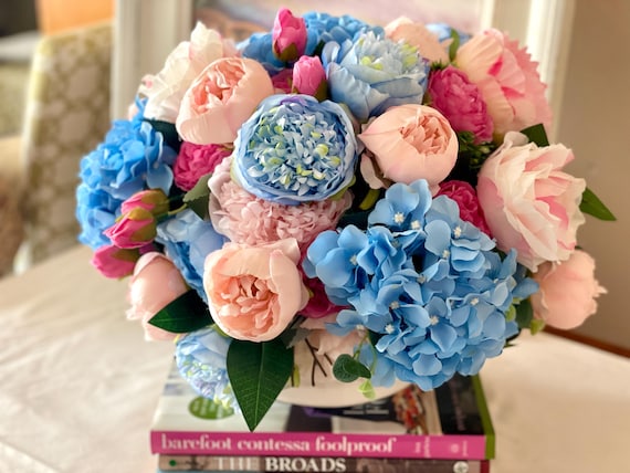 Pink and blue peony arrangement, pink and blue floral arrangement, peony centerpiece, luxurious artificial centerpiece, elegant centerpiece