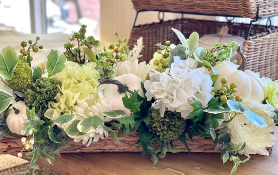 Large Fall Centerpiece: White Pumpkins, Hydrangeas & Wicker Basket