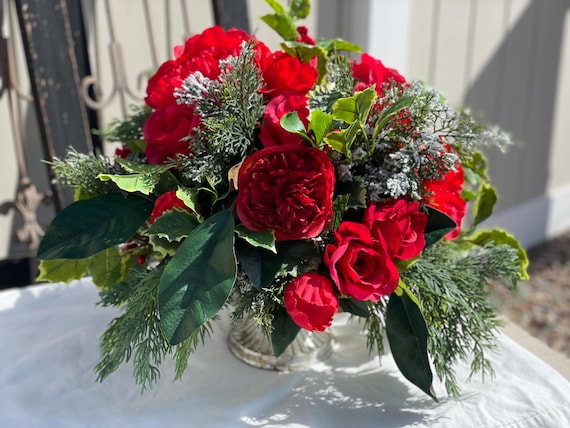 Red Rose Winter Centerpiece: Holly, Magnolia & Evergreen Arrangement
