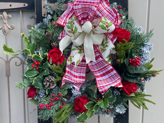 Flocked Winter Wreath with Red Roses & Designer Bow