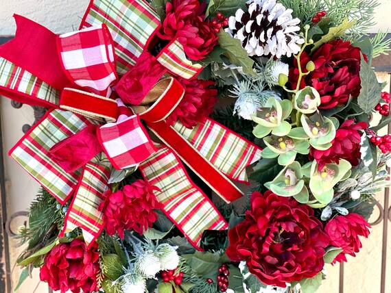 Christmas Wreath for Door, Christmas Door Wreath, Christmas Wreath, Traditional Christmas Wreath, D Stepenens Designer Ribbon, Winter Wreath
