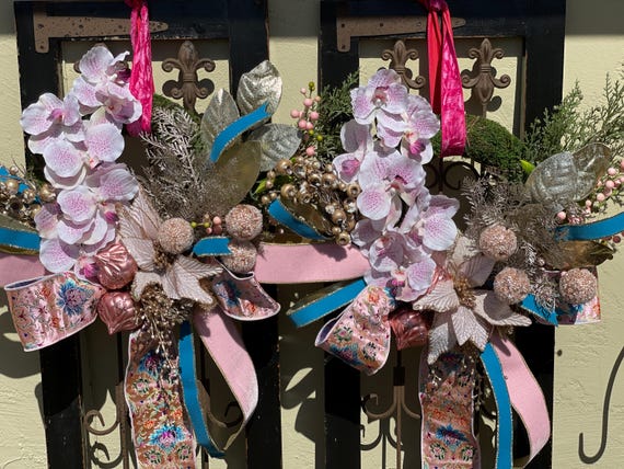 Elegant Christmas Double Door Wreath: Pink Velvet Orchid Winter Decor