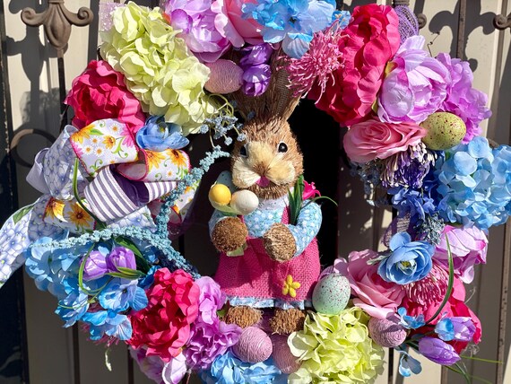 Spring Wreath, Easter Wreath, Large Spring Wreath, Bunny Wreath, Front Door Wreath, Bunny Wreath for Door, Large Easter Wreath, Pink Wreath