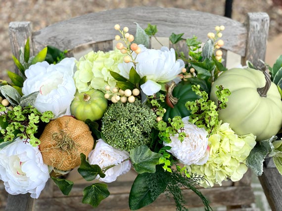Green & White Pumpkin Fall Centerpiece, Farmhouse Thanksgiving Decor