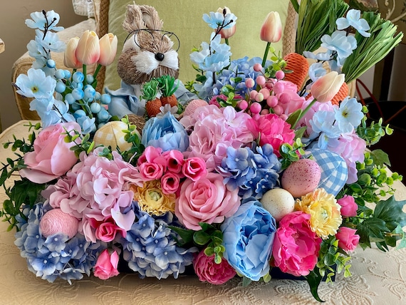 Large spring centerpiece, centerpiece with bunny, Easter flower arrangement with bunny, Easter centerpiece, spring bunny centerpiece