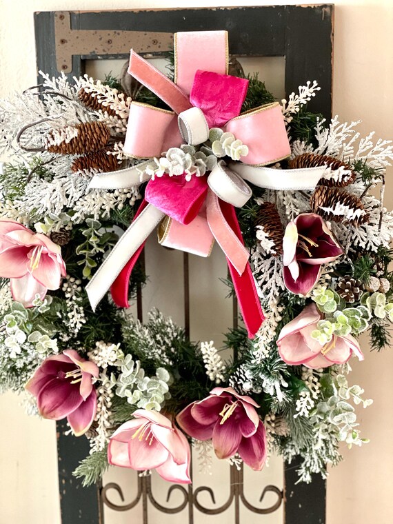 Winter Wreath for Front Door, Christmas Wreath for Door, Holiday Wreath, Elegant Wreath for Door, Christmas Wreath with Bow, Pink Wreath