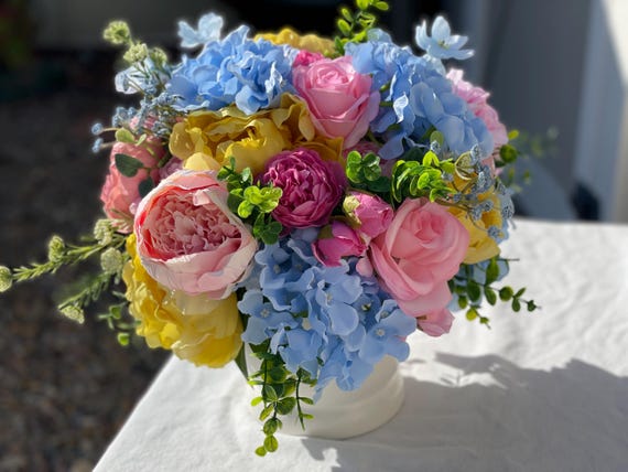 Peony and Hydrangea artificial arrangement, elegant floral arrangement, pink and blue floral arrangement, everyday floral arrangement