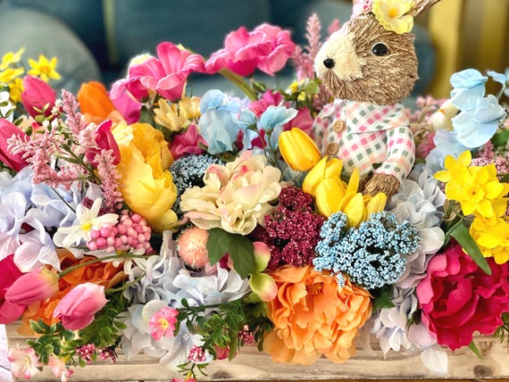 Large Easter Floral Centerpiece, Bunny Cart, Spring Table Arrangement, XL bunny Centerpiece, Bunny Arrangement, Spring Table Arrangement