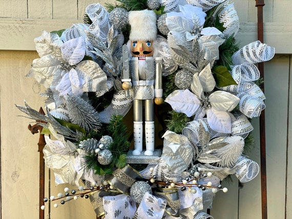 Nutcracker Wreath, Christmas Wreath for Door, Holiday Wreath for Door, Winter Wreath, Nutcracker, Christmas Decor, Silver Holiday Wreath