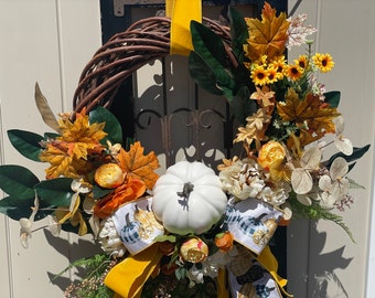 Pumpkin Wreath, Elegant Fall Wreath, Fall Pumpkin Wreath with Bow, Autumn Wreath with Pumpkins, d stephens ribbon, Thanksgiving Wreath