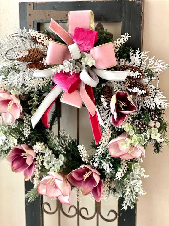 Winter Wreath for Front Door, Christmas Wreath for Door, Holiday Wreath, Elegant Wreath for Door, Christmas Wreath with Bow, Pink Wreath