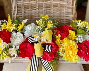 Peony Hydrangea Centerpiece, Vibrant Floral Arrangement in Wood Container