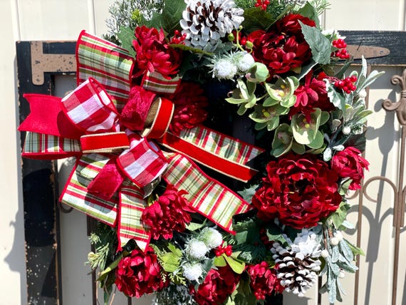 Christmas Wreath for Door: Red Peony, Designer Ribbon & Pinecones