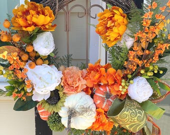 Elegant Fall Pumpkin Wreath, Fall Wreath with Bow, Fall Wreath with Pumpkins, Elegant Fall Wreath, Fall Decor