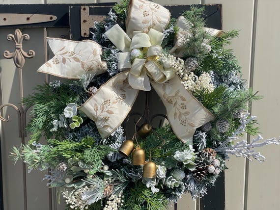 Evergreen Winter Wreath: Cream Bow, Pinecones & Gold Bell