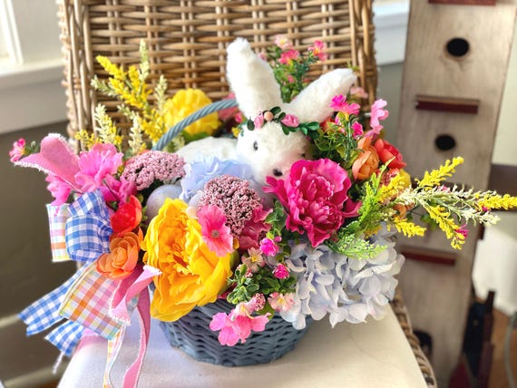 Bunny Easter Basket Centerpiece, Hydrangea Peony Floral Arrangement, Spring Centerpiece with Bunny, Bunny Centerpiece with Bow