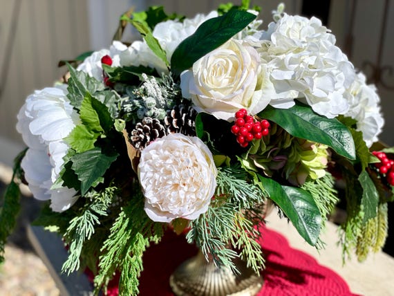 White Floral Winter Centerpiece: Peony, Hydrangea & Pinecone Arrangement