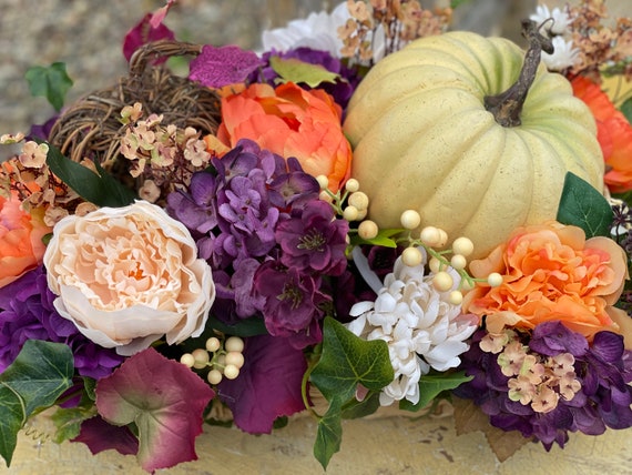 XL Fall Table Centerpiece: Cream Pumpkin, Fall Arrangements, Fall Decor, Pumpkin Centerpiece, Fall Pumpkin Arrangement, Fall Flowers