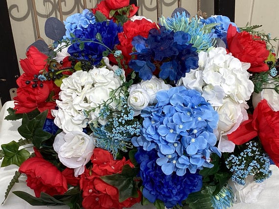 Large Patriotic Floral Arrangement, Red White Blue Hydrangeas Peonies Summer Home Decor